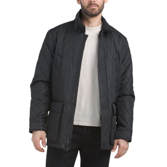 COLE HAAN Black Quilted Barn Coat With Corduroy Collar